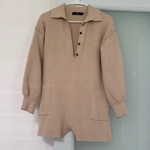 Beige Knit Collared Romper